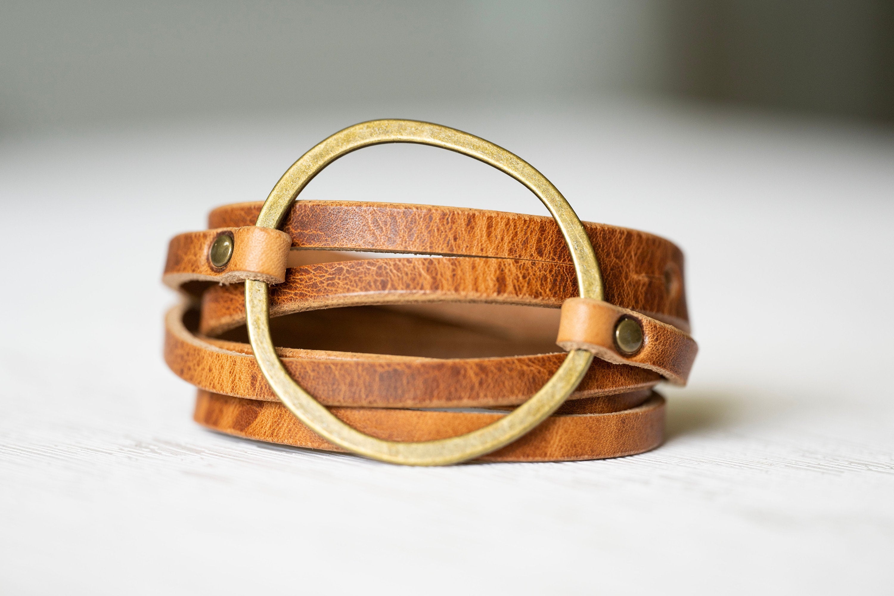 Boho Multi-strand Hoop Leather Bracelet Cuff – Maple  display picture 1