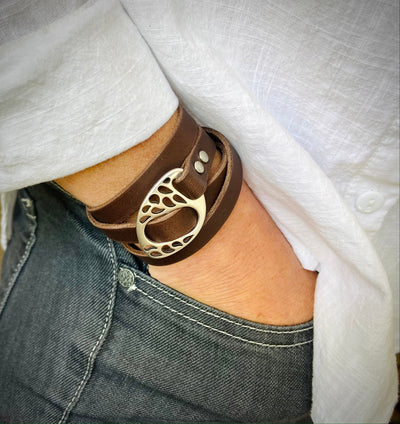 Leather Triple Wrap Bracelet | Cuff Stacking Boho Style | Handmade Jewelry | Silver + Dark Brown | Engraved Personalized Gift