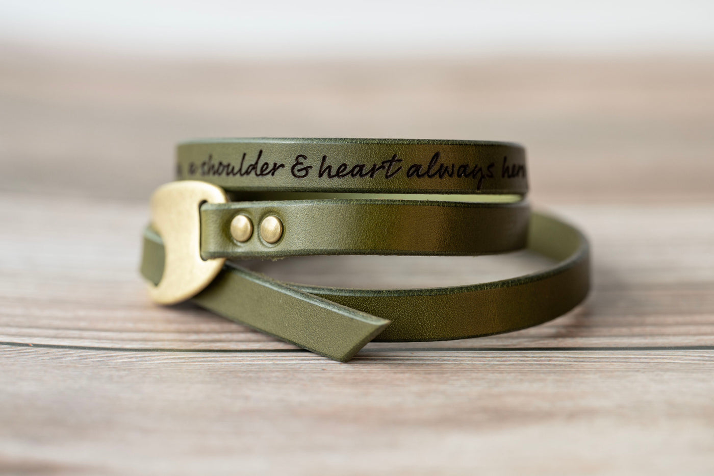 Engraved Leather Bracelet | Olive Green + Antique Brass | Quotes Love Affirmations | Handmade Gift | Personalized For Her For Him