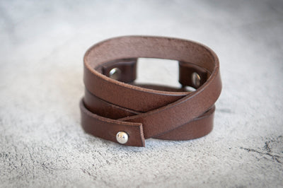 Personalized Leather Wrap Bracelet Cuff | Chrome Ring + Brown | Gift for Her and Him | Handmade Jewelry