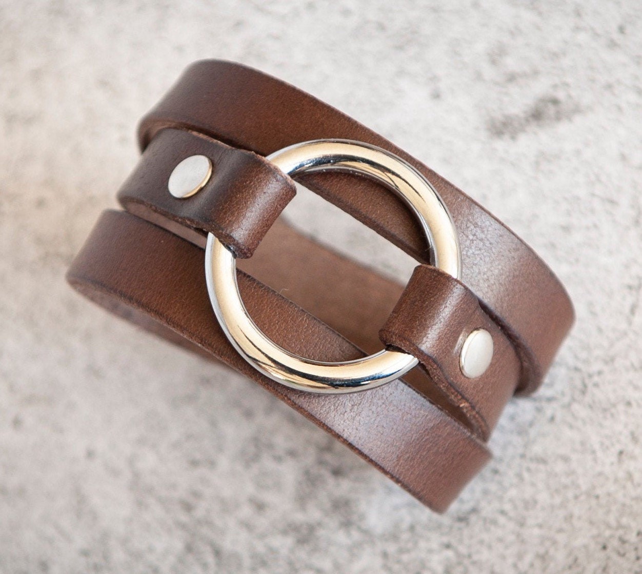 Personalized Leather Wrap Bracelet Cuff | Chrome Ring + Brown | Gift for Her and Him | Handmade Jewelry