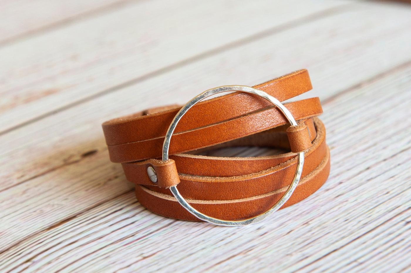 Leather Bracelet Wrap Cuff, English Tan, Handmade Jewelry, Sterling Silver Hammered Hoop, Stacking