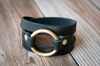 Wrap Leather Bracelet For Women, Cuff, Handmade, Black Leather, Custom, Gifts for her, Brass Ring, Gold