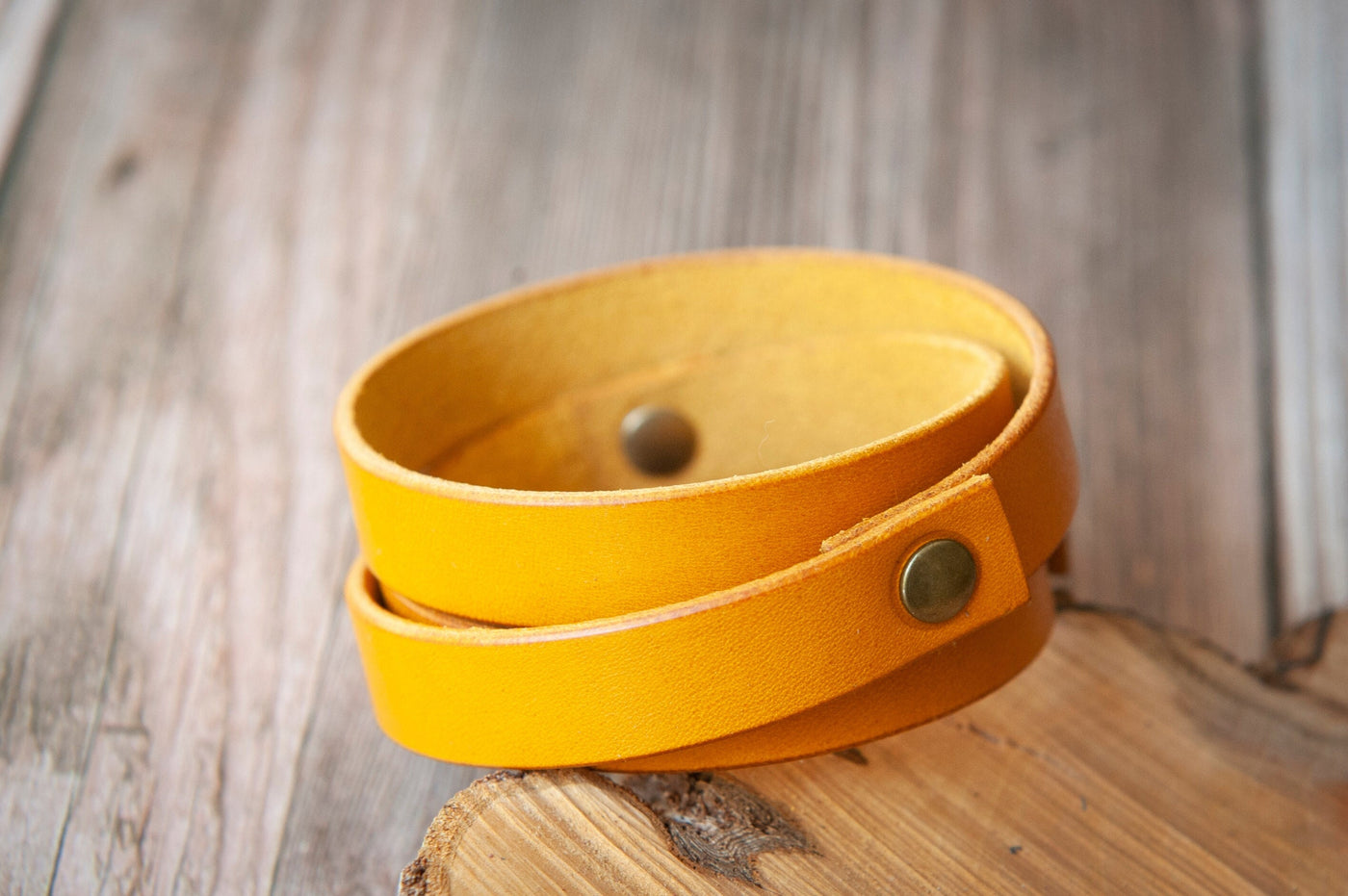 Mustard Yellow Leather Bracelet | Triple Rivet Wrap Cuff | Engrave Personalize Cuff | Perfect Gift Handmade