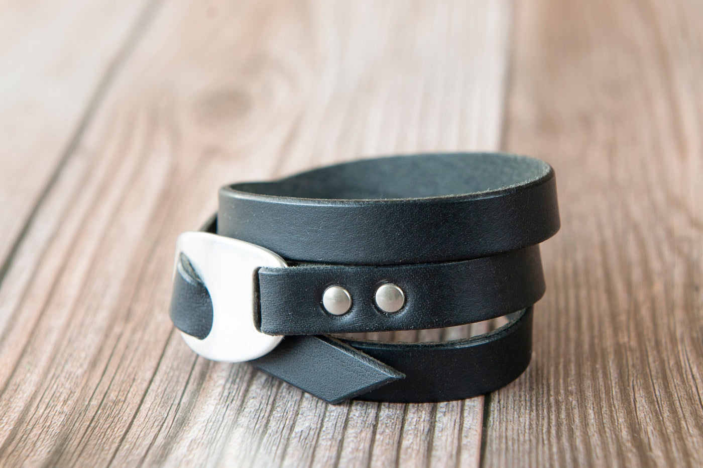 Personalized Leather Wrap Bracelet, Engrave Custom Words , Handmade, Black Leather