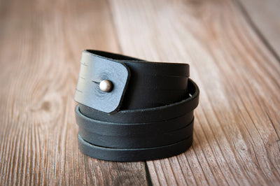 Leather Bracelet Wrap Cuff Handmade Black Leather - Gift for her - Boho Style - Personalized Custom Handmade Jewelry