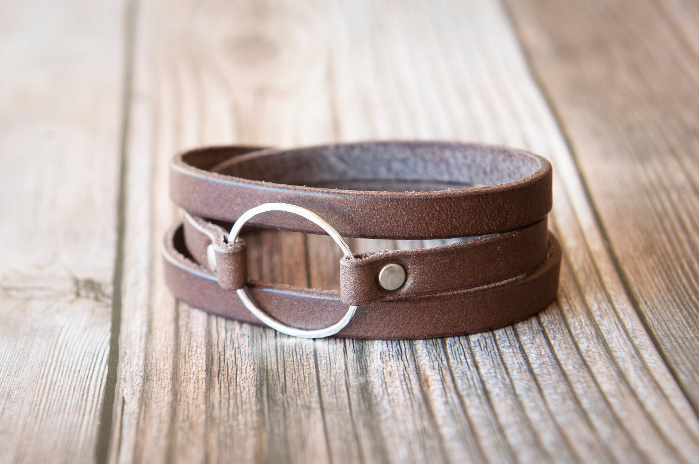 Leather Wrap Bracelet For Women, Sterling Silver Hammered Hoop, Brown Leather, Handmade Jewelry