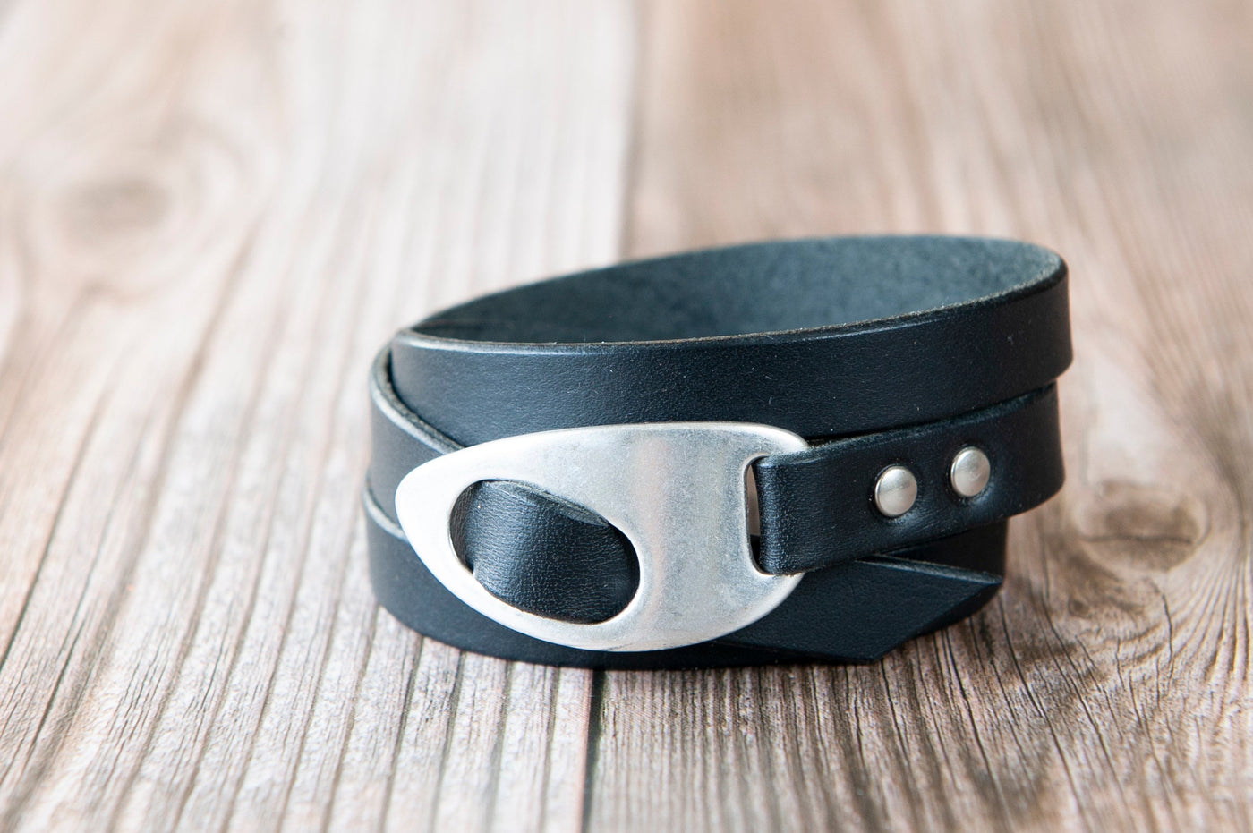 Personalized Leather Wrap Bracelet, Engrave Custom Words , Handmade, Black Leather