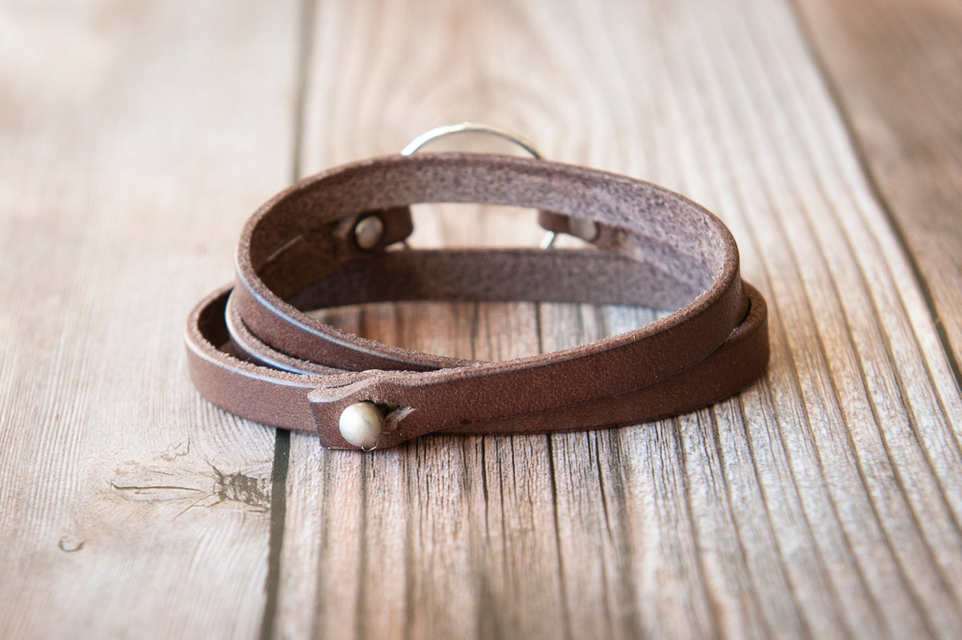 Leather Wrap Bracelet For Women, Sterling Silver Hammered Hoop, Brown Leather, Handmade Jewelry