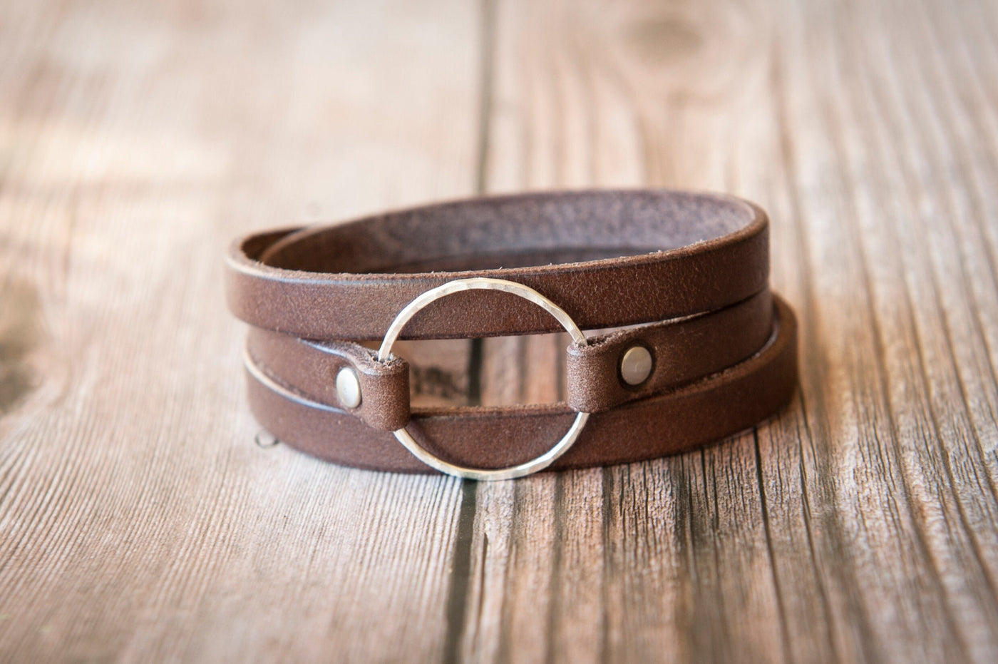 Leather Wrap Bracelet For Women, Sterling Silver Hammered Hoop, Brown Leather, Handmade Jewelry