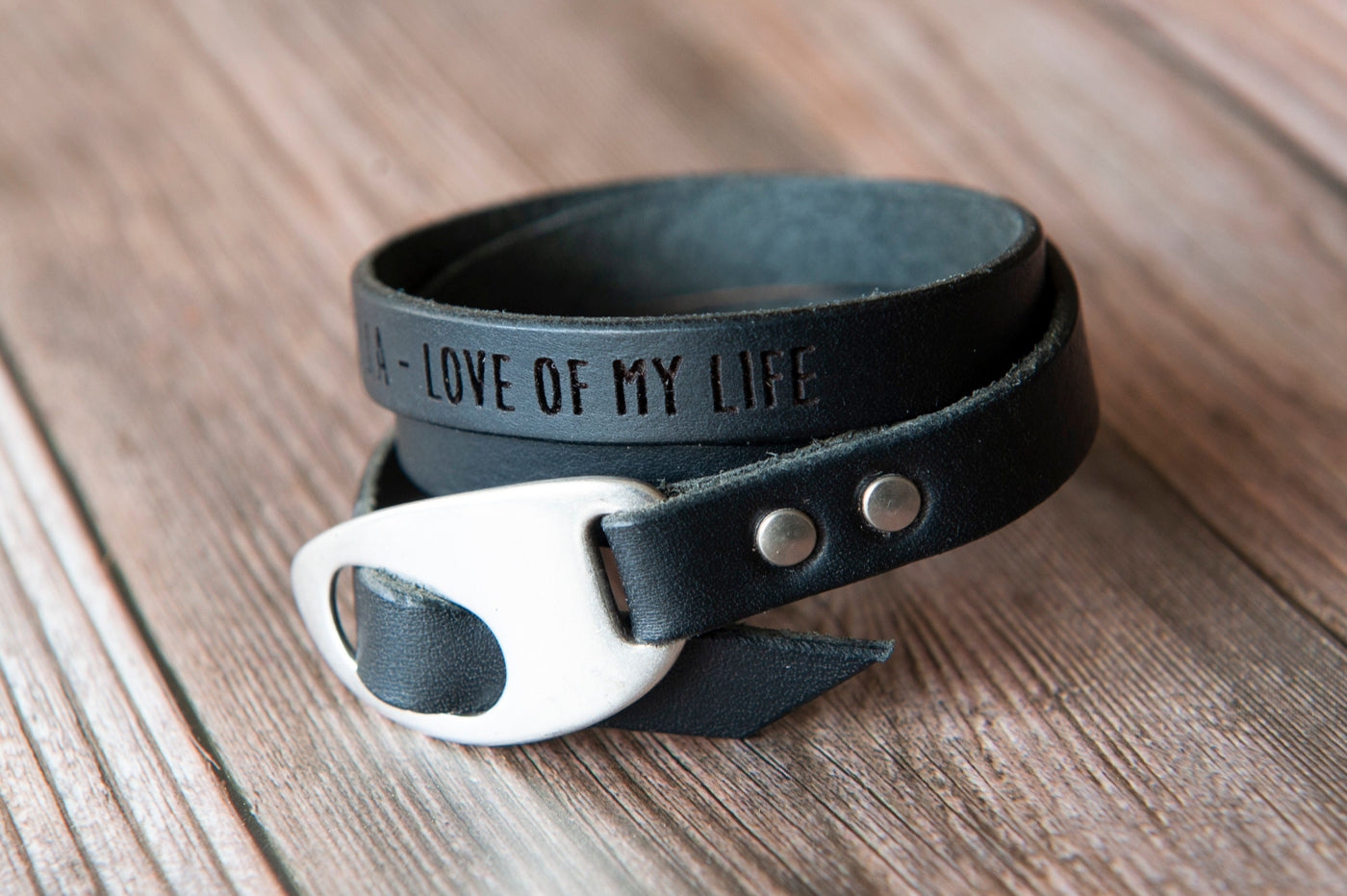 Personalized Leather Wrap Bracelet, Engrave Custom Words , Handmade, Black Leather