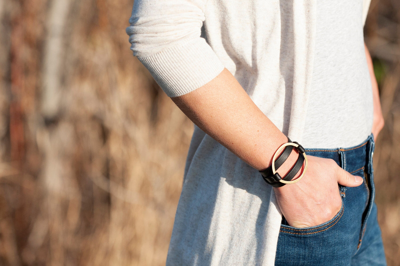 Personalized Wrap Leather Bracelet | Black + Antique Brass