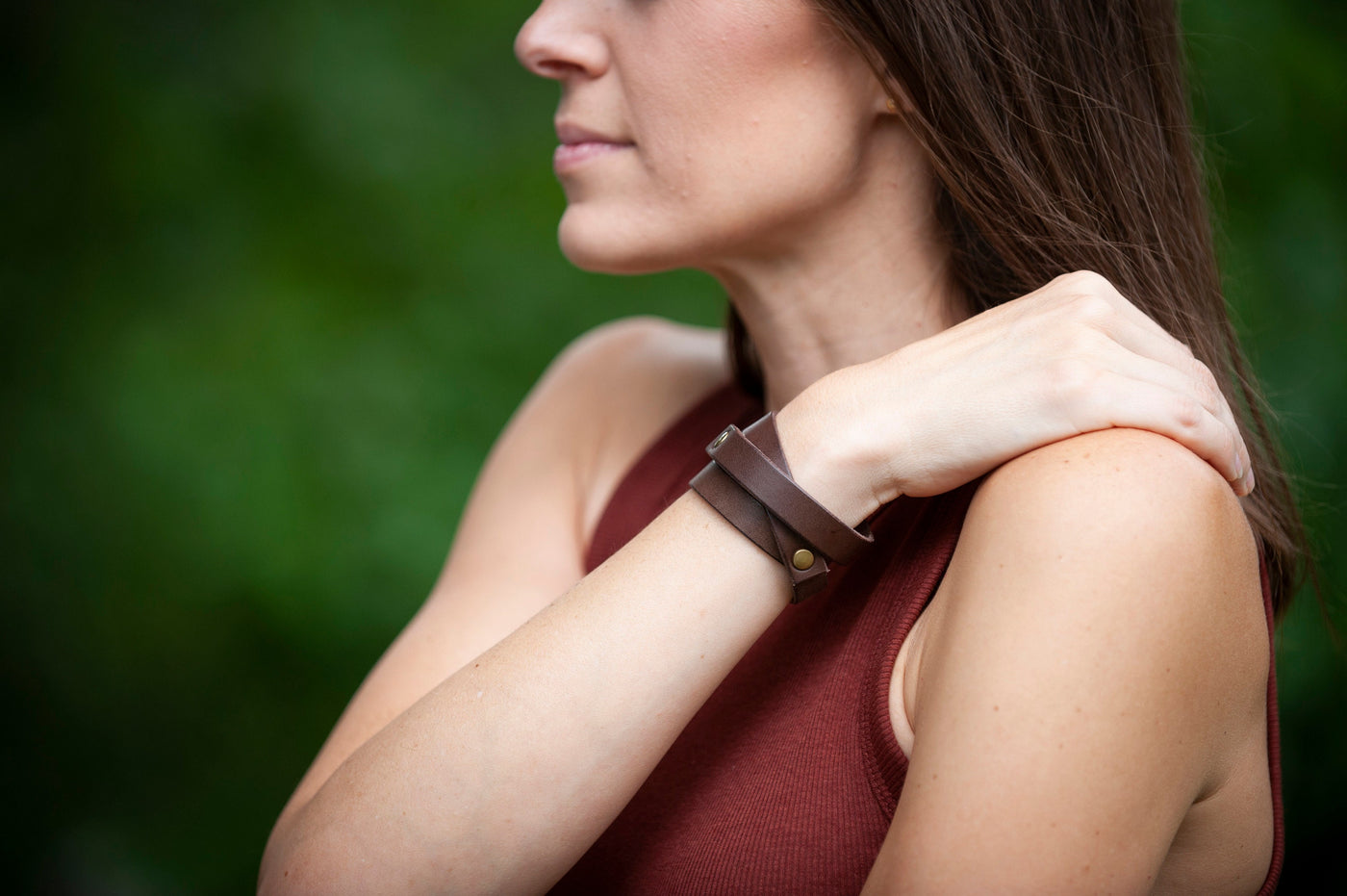 Leather Wrap Bracelet Handmade - Eggplant Purple Leather + Nickle Rivets