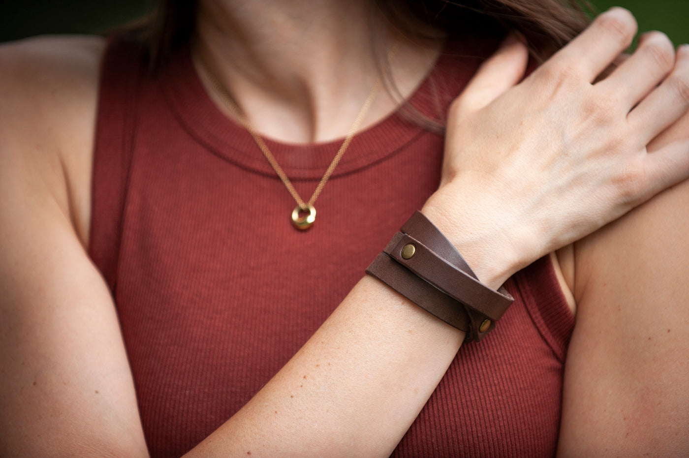 Leather Wrap Bracelet Handmade - Eggplant Purple Leather + Nickle Rivets