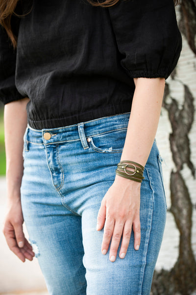 Leather Wrap Bracelet Olive Green, Gold Filled Hammered Hoop