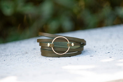 Leather Wrap Bracelet Olive Green, Gold Filled Hammered Hoop