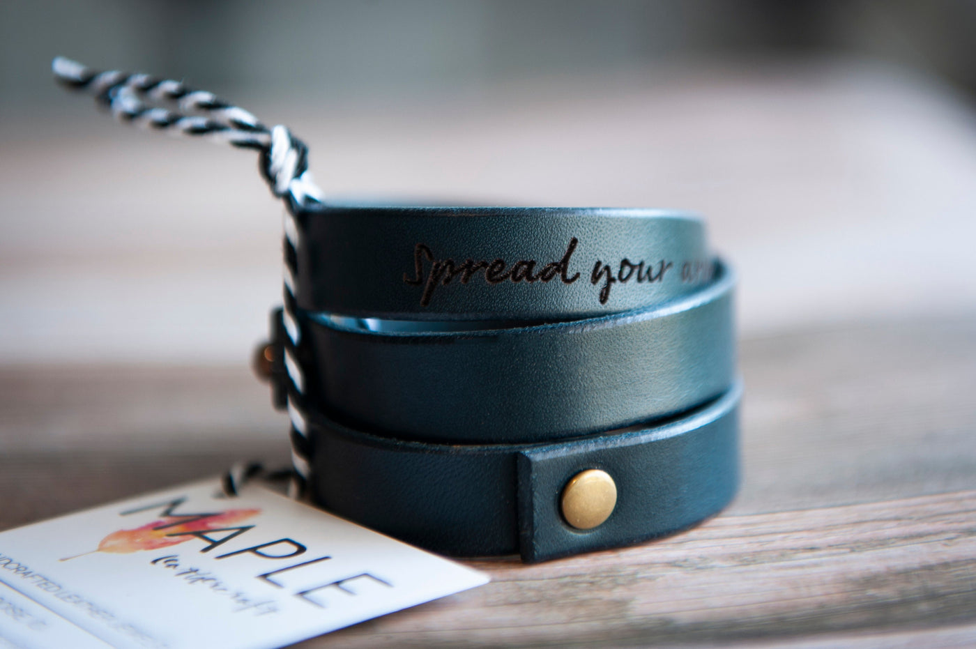 Leather Wrap Bracelet Handmade - Navy Blue Leather + Brass