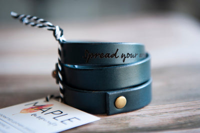 Leather Wrap Bracelet Handmade - Navy Blue Leather + Brass