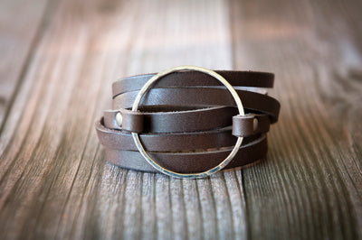 Leather Bracelet Sterling Silver Hammered Hoop Wrap Bracelet, Handmade Jewelry, Cuff Bracelet, Personalized Gifts