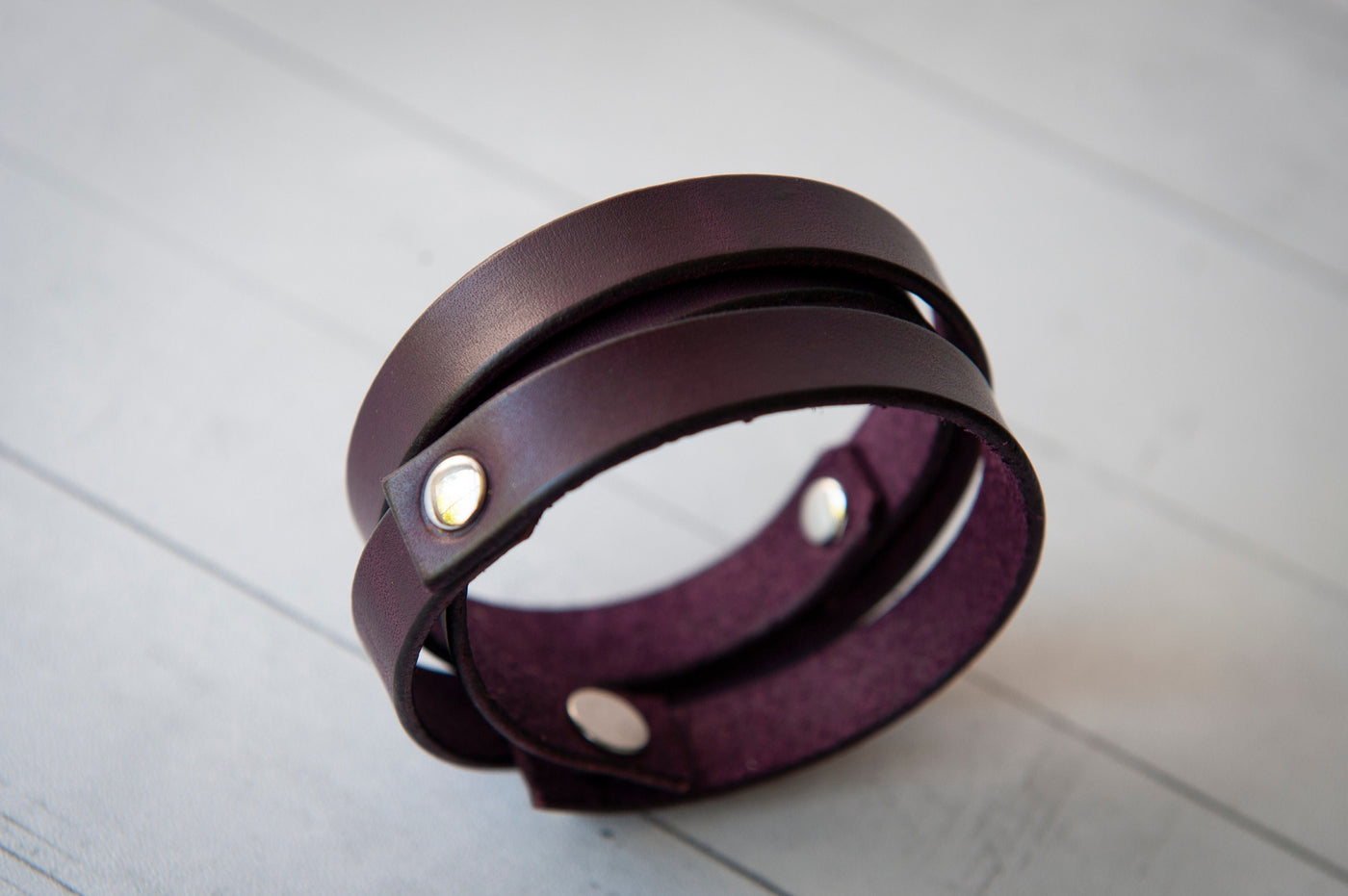 Leather Wrap Bracelet Handmade - Eggplant Purple Leather + Nickle Rivets