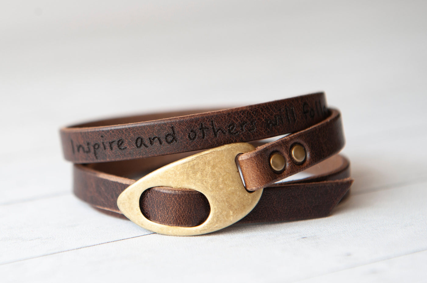 Personalized Leather Wrap Bracelet, Engrave Custom Words, Rustic Brown Leather Handmade Jewelry