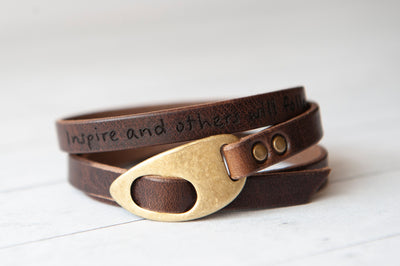 Personalized Leather Wrap Bracelet, Engrave Custom Words, Rustic Brown Leather Handmade Jewelry