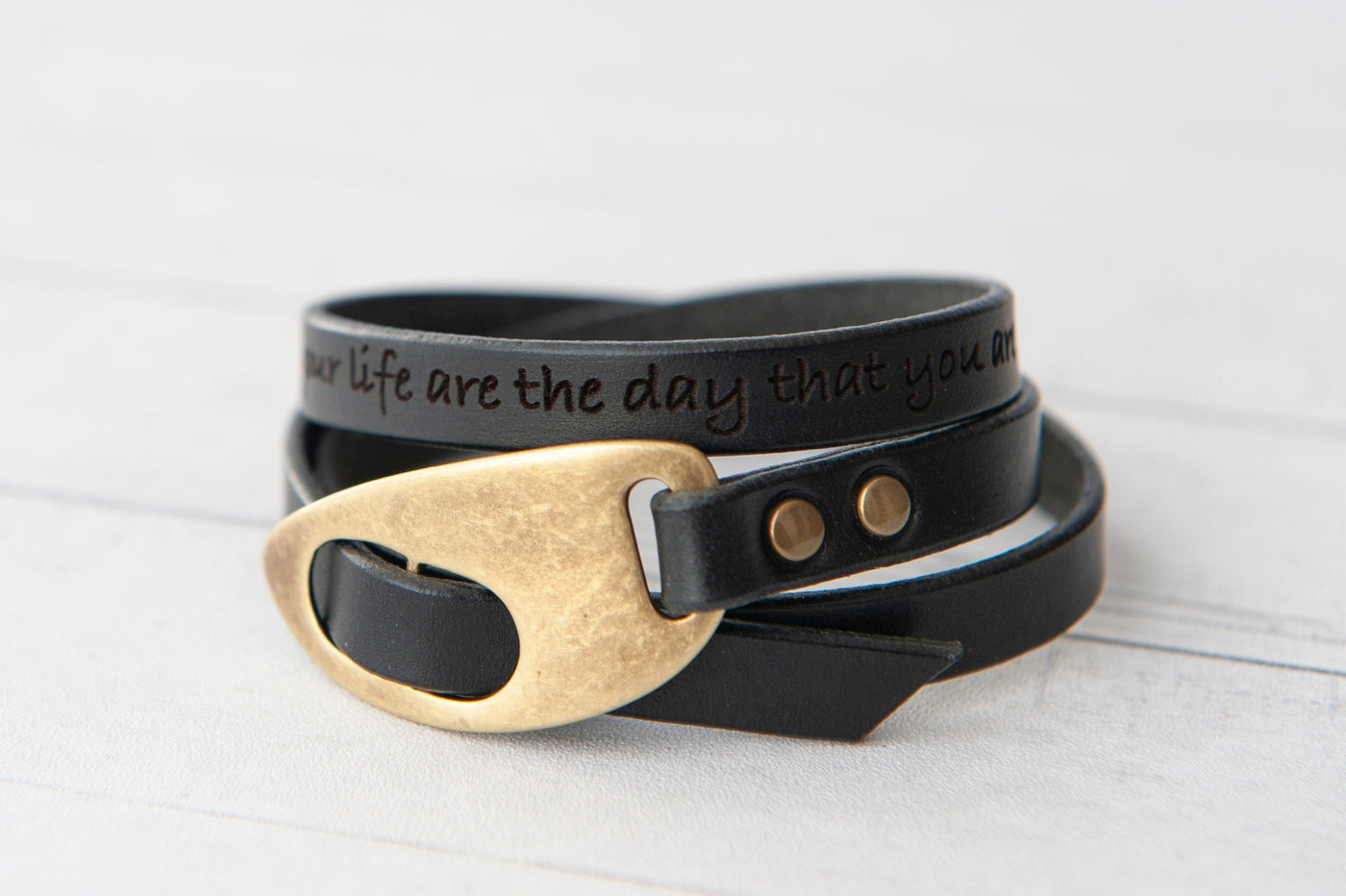 Personalized Black Leather Wrap Bracelet, Engrave Custom Words , Mens Bracelet Handmade