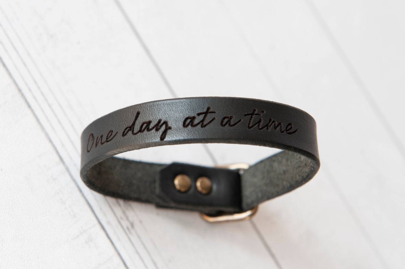 Leather Bracelet - One Day At A Time - Personalized Gift - Affirmations - Positive Vibes