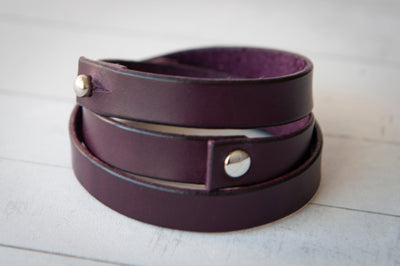 Leather Wrap Bracelet Handmade - Eggplant Purple Leather + Nickle Rivets