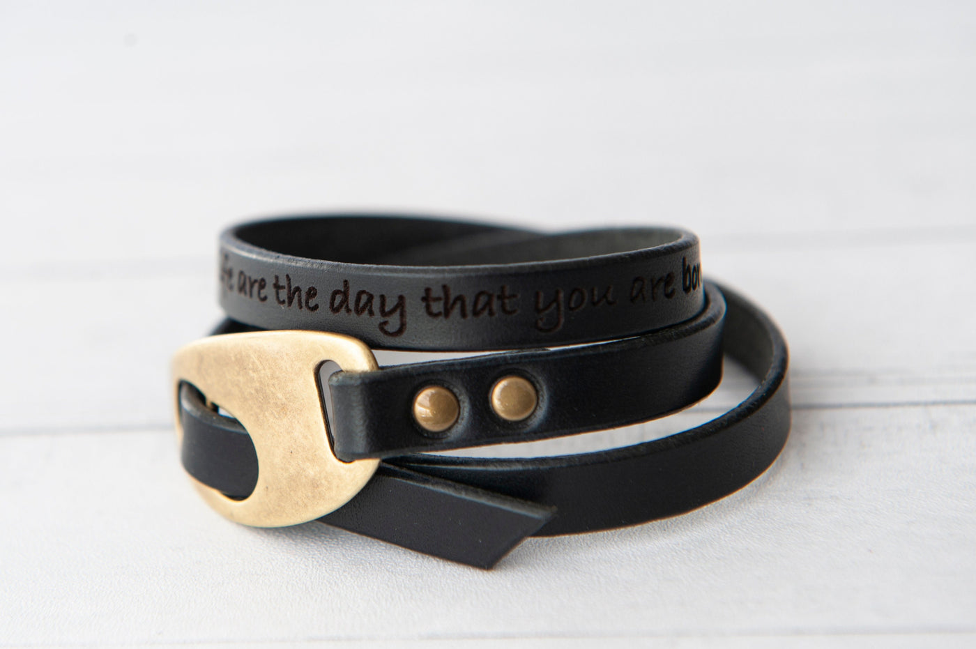 Personalized Black Leather Wrap Bracelet, Engrave Custom Words , Mens Bracelet Handmade