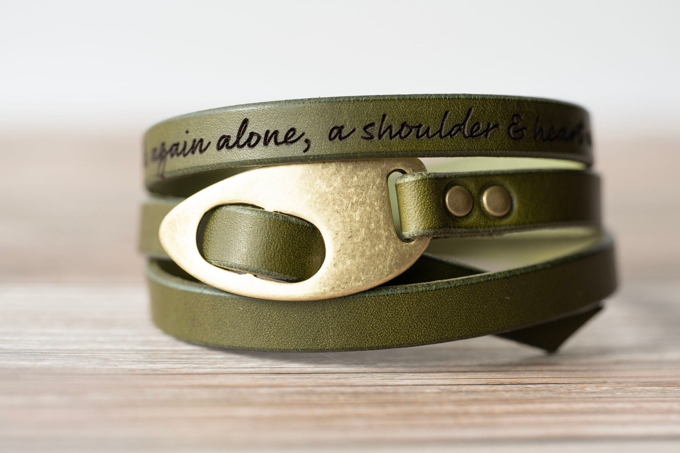 Engraved Leather Bracelet | Olive Green + Antique Brass | Quotes Love Affirmations | Handmade Gift | Personalized For Her For Him