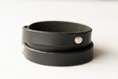 Leather Wrap Bracelet Handmade Jewelry - Black Leather + Silver Rivets