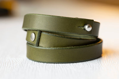 Leather Wrap Bracelet - Handmade Jewelry - Olive Green Leather - Boho Style - Rivets