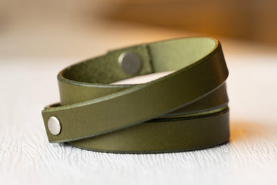 Leather Wrap Bracelet - Handmade Jewelry - Olive Green Leather - Boho Style - Rivets