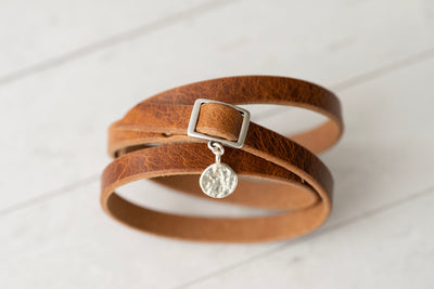 Personalized Leather Bracelet - Handmade Silver Monogram Engraved - Rustic Walnut - Perfect Gift for Women - Handmade Jewelry - Boho Style