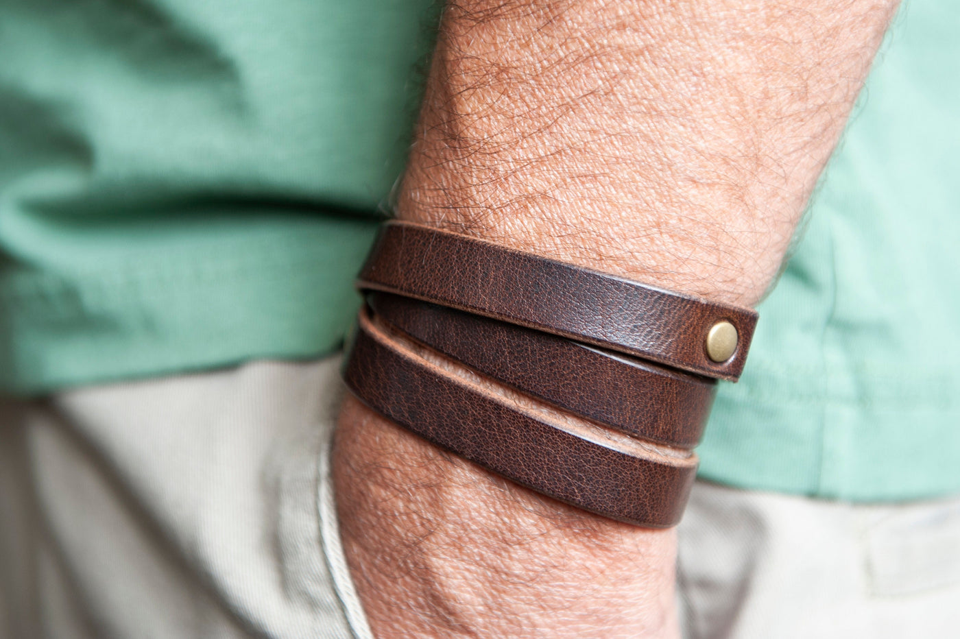 Leather Bracelet Handmade - Triple Rivet Wrap - English Tan + Antique Brass - Boho Style - Personalized Engraving Gifts