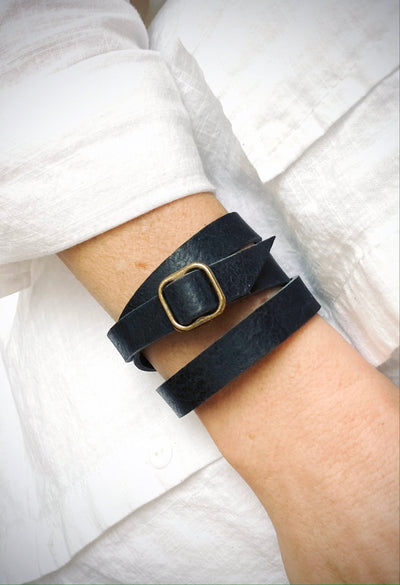 Leather Bracelet Wrap Black Leather + Antique Brass, Boho Style, Gift For Women, Mens Bracelet, Handmade Jewelry