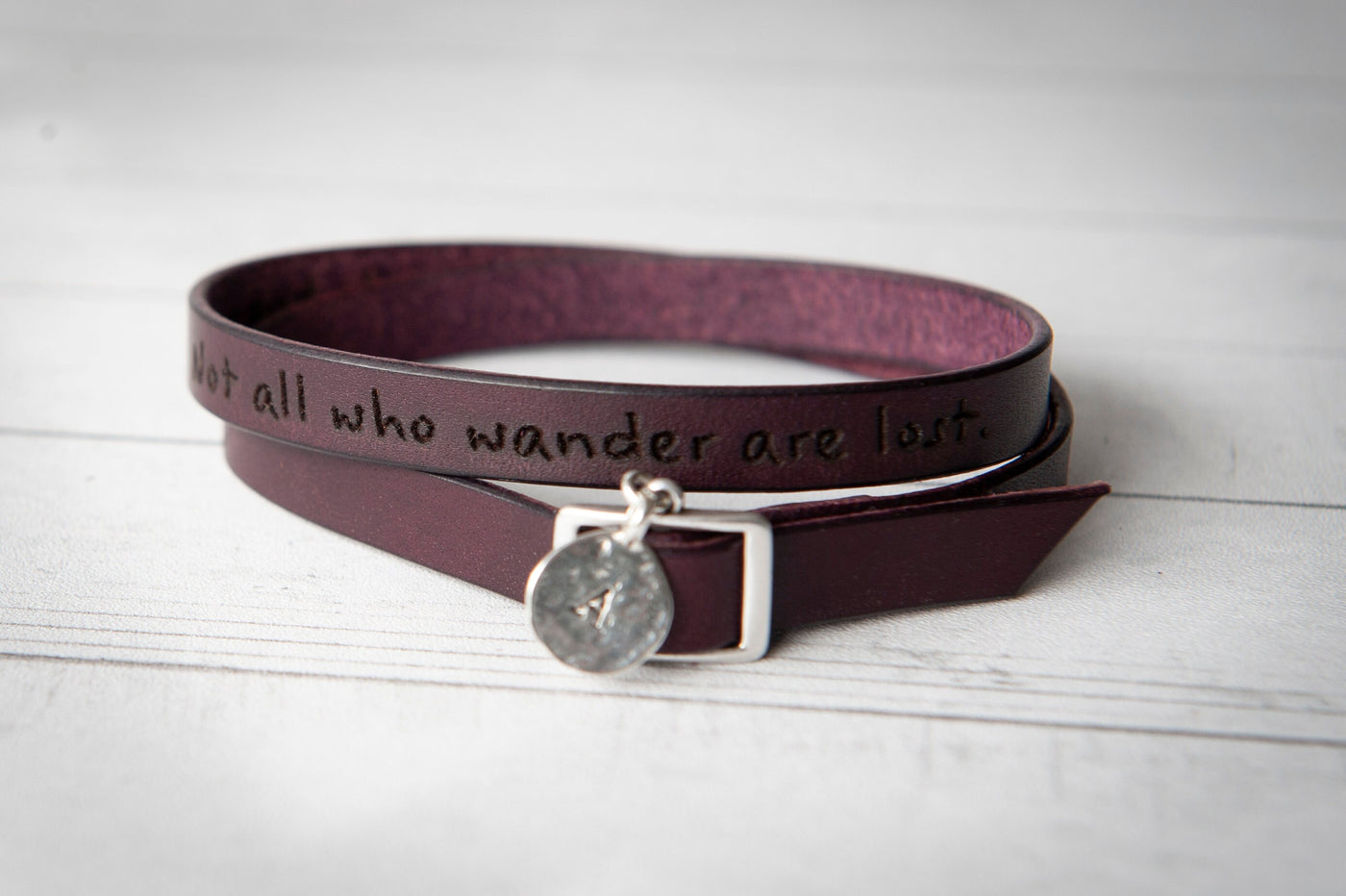 Leather Wrap Bracelet - Handmade Jewelry Silver Monogram Engraved - Rustic Brown - Perfect Gift for Women - Handmade Jewelry - Mother's Day