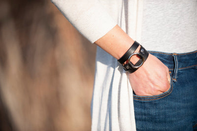 Leather Cuff Bracelet Handmade Jewelry Wrap Stacking Black + Chrome Ring