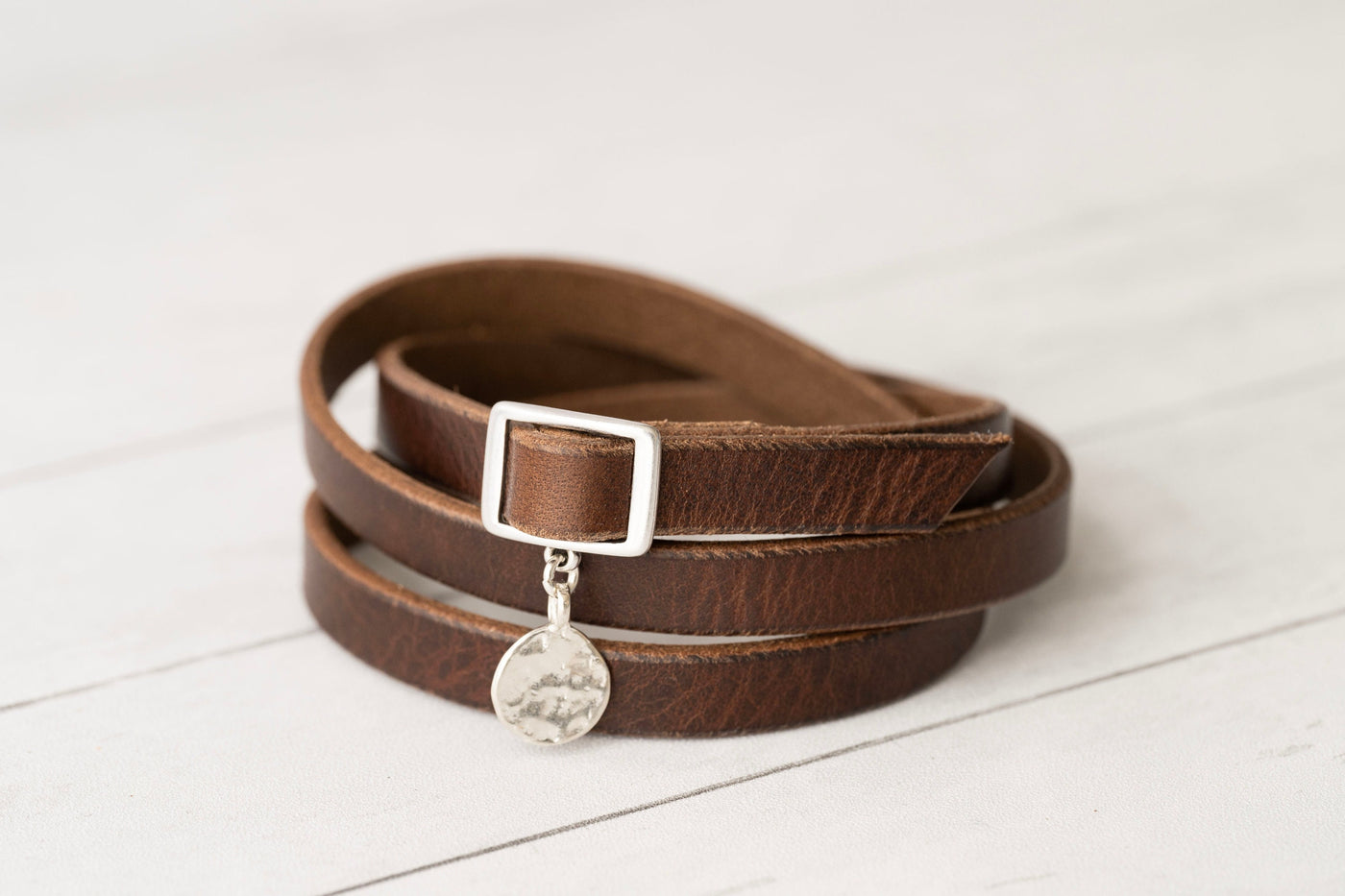 Leather Wrap Bracelet - Handmade Jewelry Silver Monogram Engraved - Rustic Brown - Perfect Gift for Women - Handmade Jewelry - Mother's Day