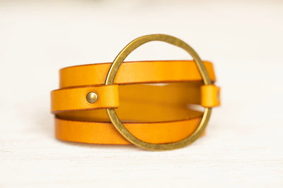 Boho Leather Wrap Bracelet | Antique Brass Hoop + Mustard Yellow | Handmade Jewelry Engraved Personalized Gift For Her