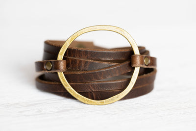 Leather Bracelet Hoop Wrap | Multi-strand Boho Cuff | Rustic Walnut + Silver | Handmade Jewelry Personalized Gift Engrave Words Affirmations