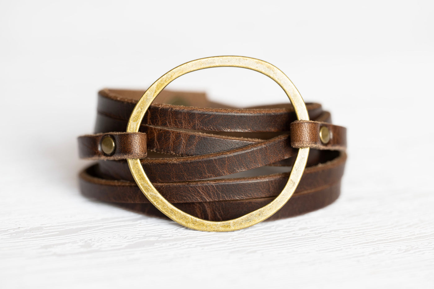 Leather Bracelet Boho Hoop Wrap | Multi-strand Womens Cuff | Walnut + Antique Brass | Handmade Jewelry Personalized Gift For Her