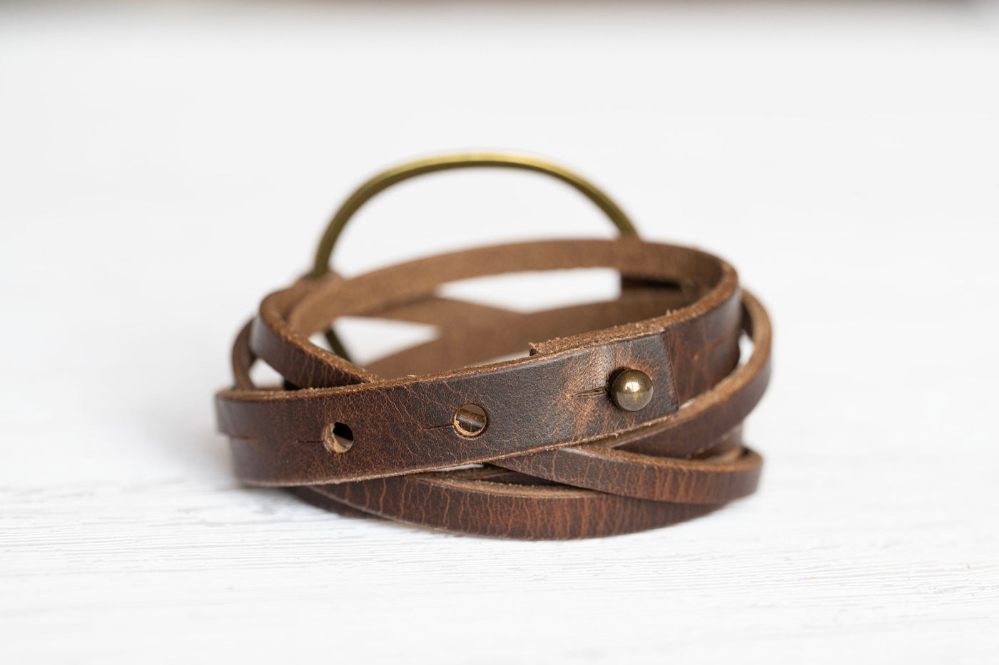 Leather Bracelet Boho Hoop | Multi-strand Cuff Stacking Look | Walnut + Antique Brass | Handmade Jewelry Custom Gift For Her