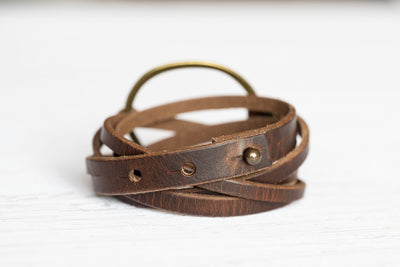 Womens Leather Bracelet Wrap | Multi-strand Boho Hoop Cuff | Rustic Walnut + Antique Brass | Handmade Jewelry Personalized Gift For Her