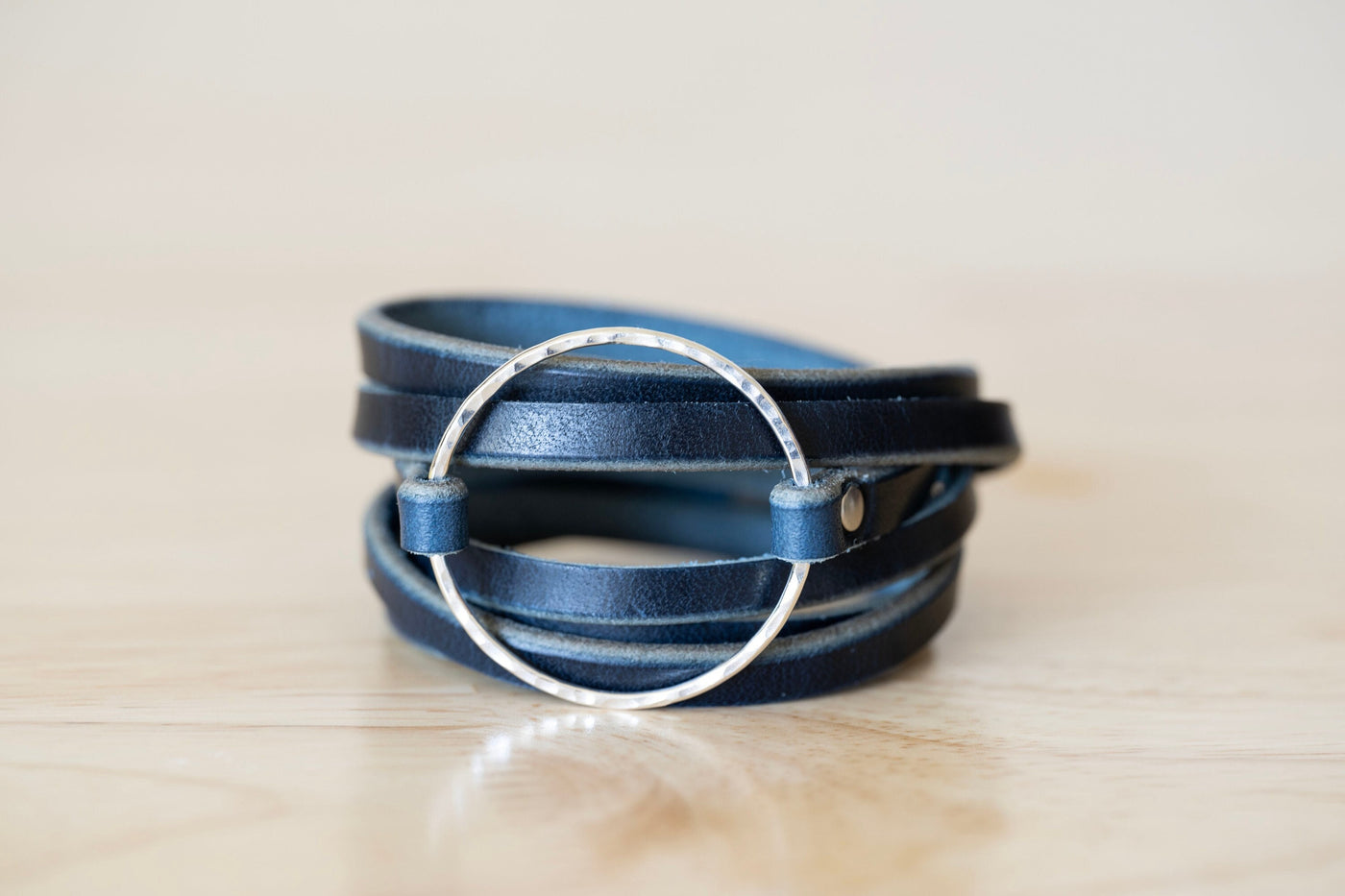 Leather Wrap Bracelet | Navy Blue Horween Leather + Sterling Silver Hammered Hoop Bracelet | Boho Style | Handmade Jewelry | Gift For Her