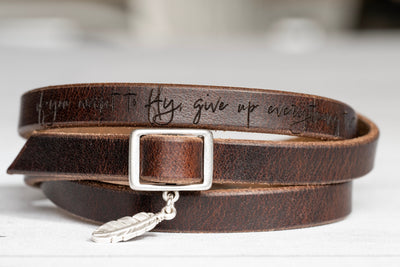 Leather Wrap Bracelet Feather Charm | Dark Brown + Silver | Boho Handmade Jewelry Affirmations Gift For Her Personalized