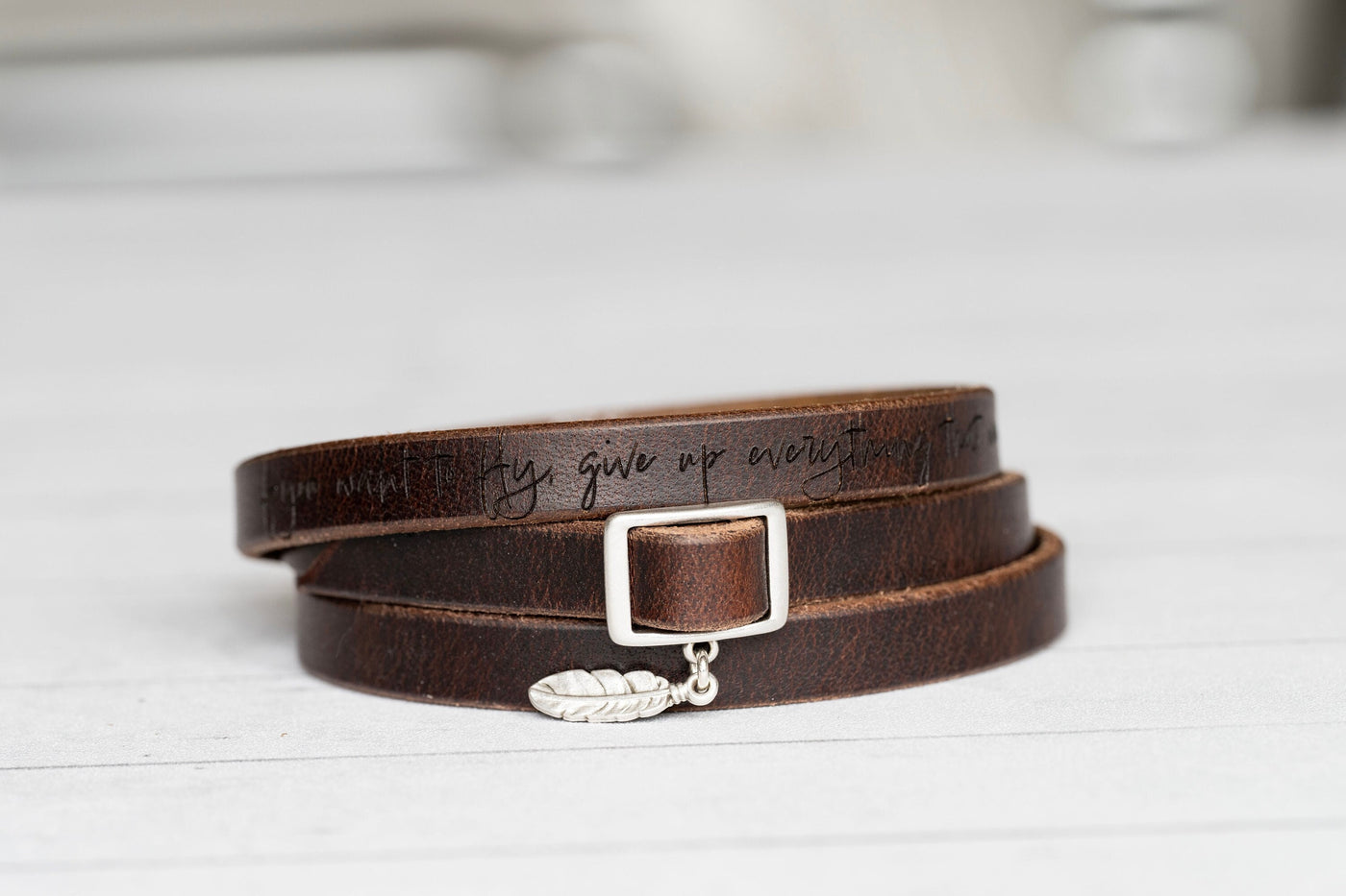 Leather Wrap Bracelet Feather Charm | Dark Brown + Silver | Boho Handmade Jewelry Affirmations Gift For Her Personalized