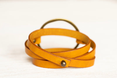 Boho Leather Wrap Bracelet | Antique Brass Hoop + Mustard Yellow | Handmade Jewelry Engraved Personalized Gift For Her