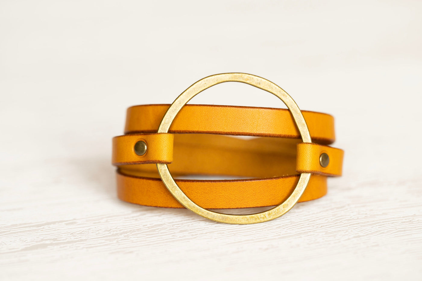 Boho Leather Wrap Bracelet | Antique Brass Hoop + Mustard Yellow | Handmade Jewelry Engraved Personalized Gift For Her